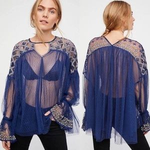 NWT Free People Joy Ride Sheer Navy Top Size L